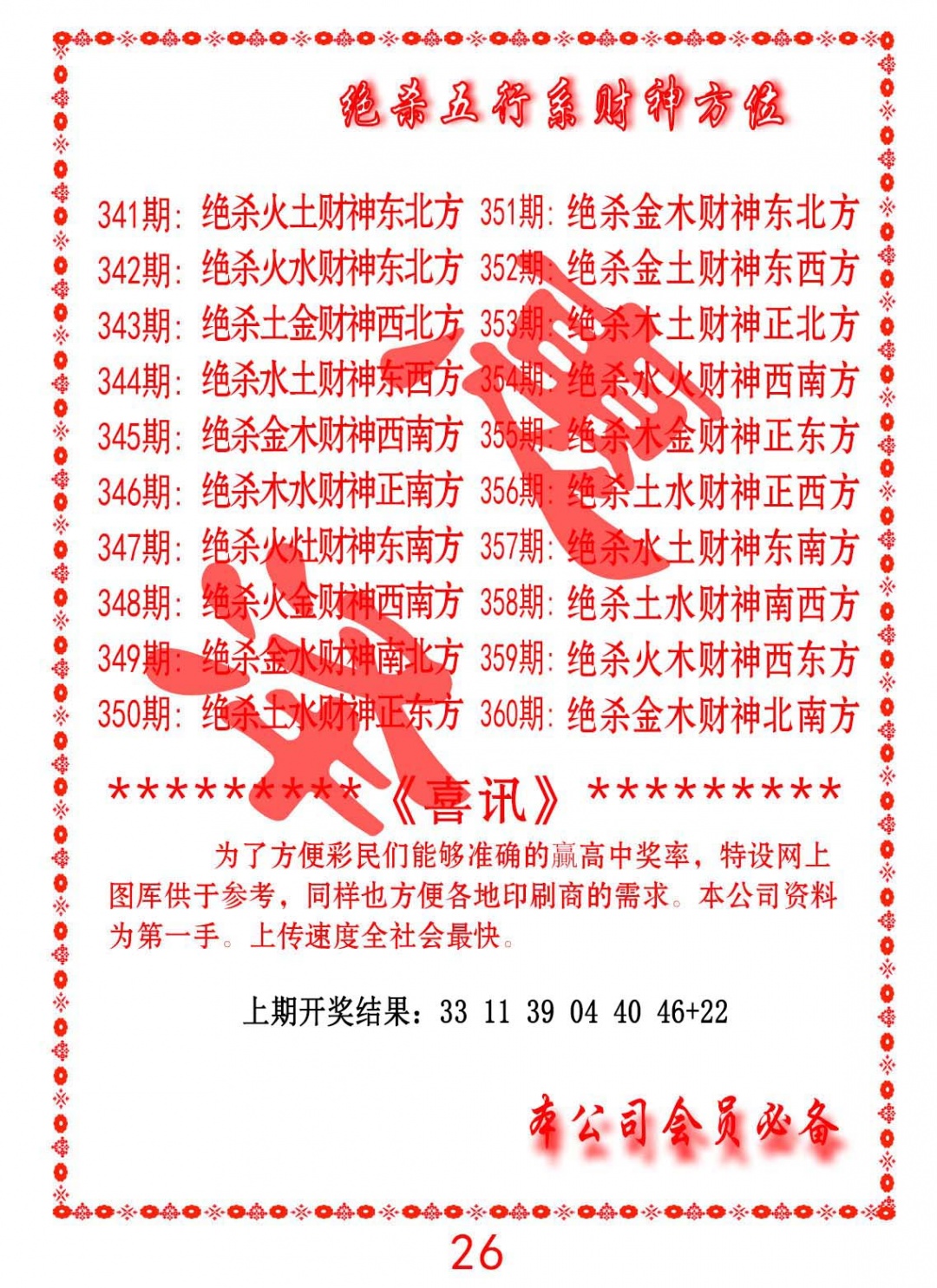 350期绝杀五行及财神方位[图]